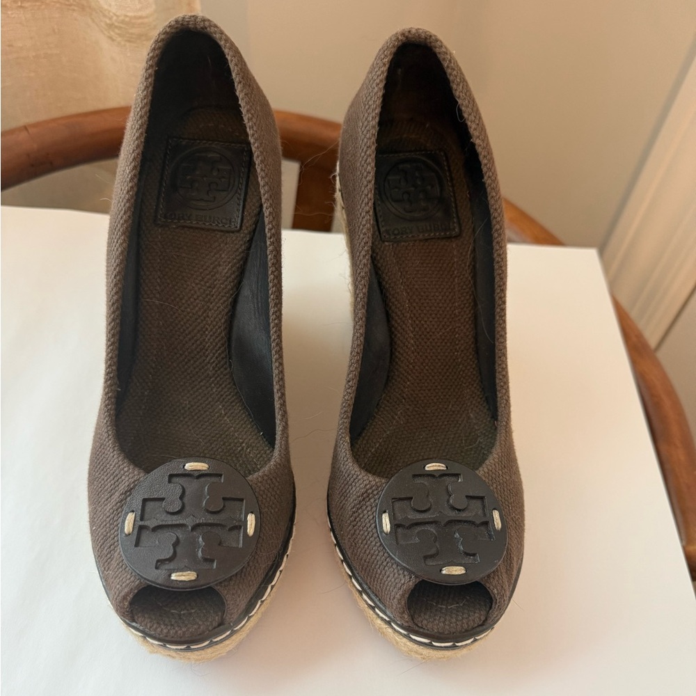 Tory Burch Dark Brown Wedges with Logo Accent